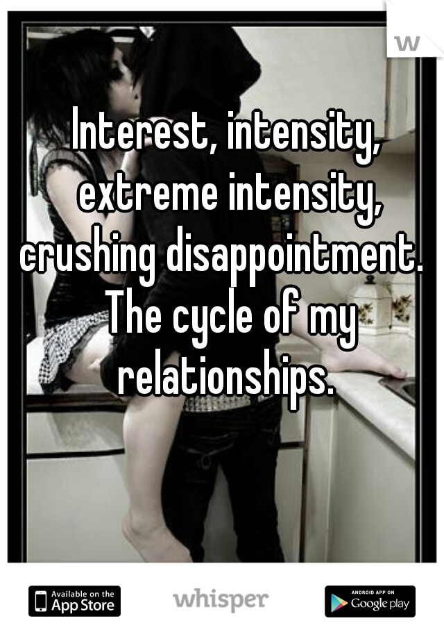 Interest, intensity, extreme intensity, crushing disappointment.   The cycle of my relationships. 