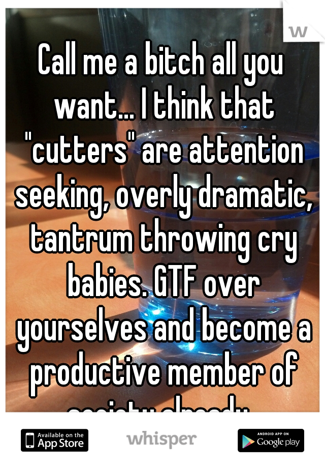 Call me a bitch all you want... I think that "cutters" are attention seeking, overly dramatic, tantrum throwing cry babies. GTF over yourselves and become a productive member of society already. 