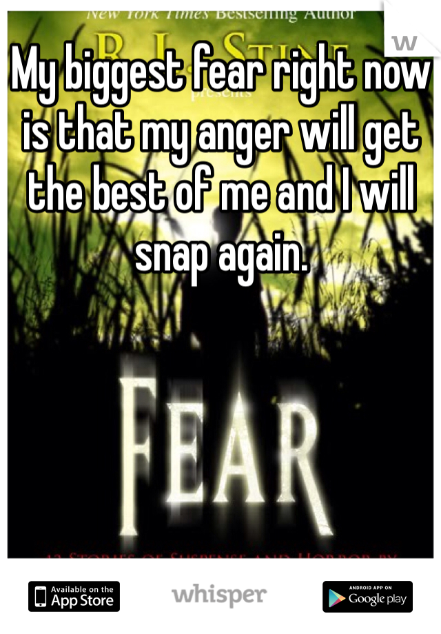 My biggest fear right now is that my anger will get the best of me and I will snap again. 