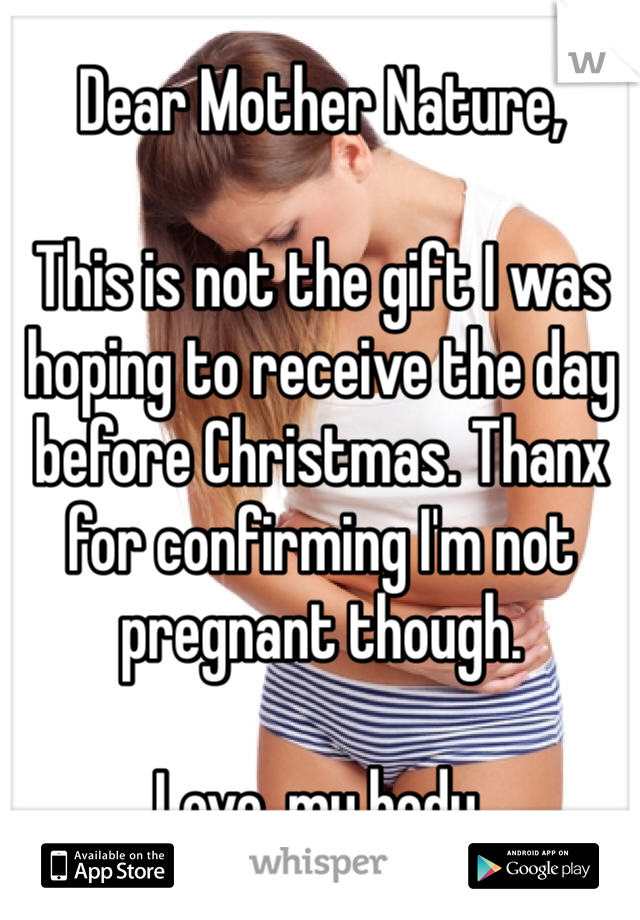 Dear Mother Nature,

This is not the gift I was hoping to receive the day before Christmas. Thanx for confirming I'm not pregnant though.

Love, my body.