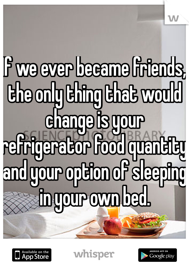 If we ever became friends, the only thing that would change is your refrigerator food quantity and your option of sleeping in your own bed.