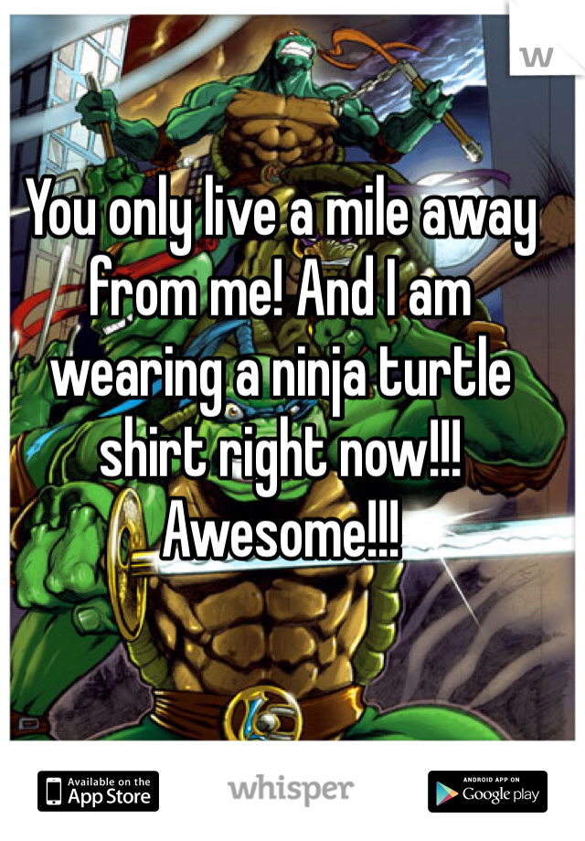 You only live a mile away from me! And I am wearing a ninja turtle shirt right now!!! Awesome!!! 
