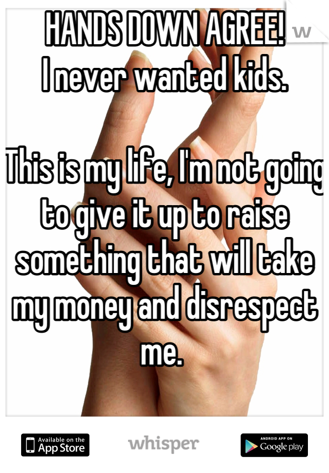 HANDS DOWN AGREE! 
I never wanted kids. 

This is my life, I'm not going to give it up to raise something that will take my money and disrespect me. 