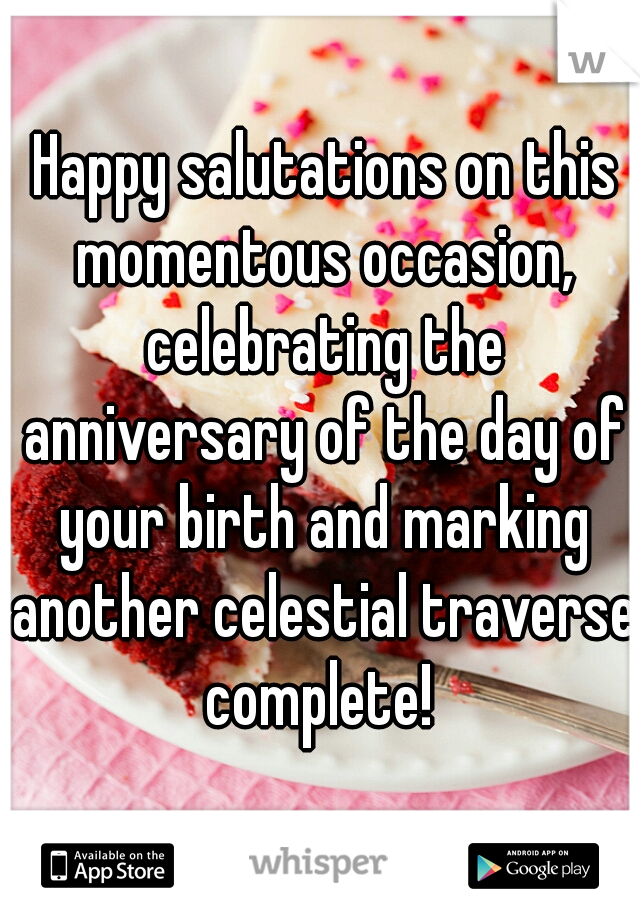  Happy salutations on this momentous occasion, celebrating the anniversary of the day of your birth and marking another celestial traverse complete! 
