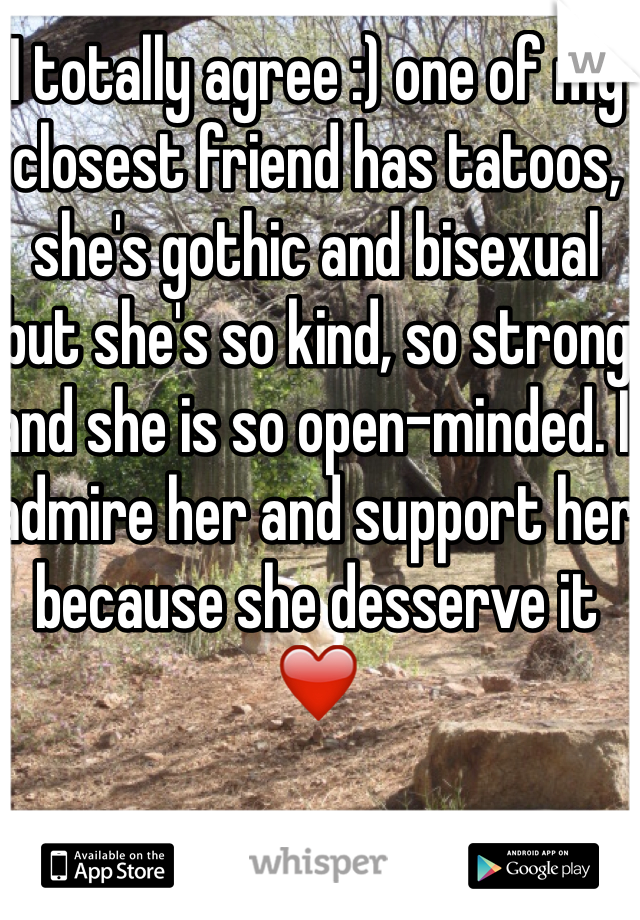I totally agree :) one of my closest friend has tatoos, she's gothic and bisexual but she's so kind, so strong and she is so open-minded. I admire her and support her because she desserve it ❤️