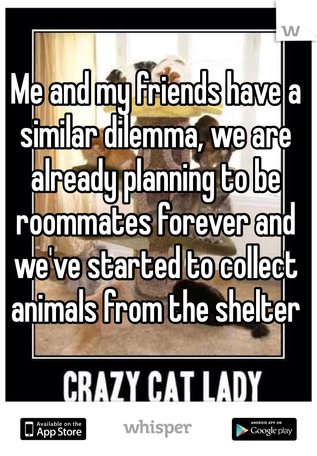 Me and my friends have a similar dilemma, we are already planning to be roommates forever and we've started to collect animals from the shelter 