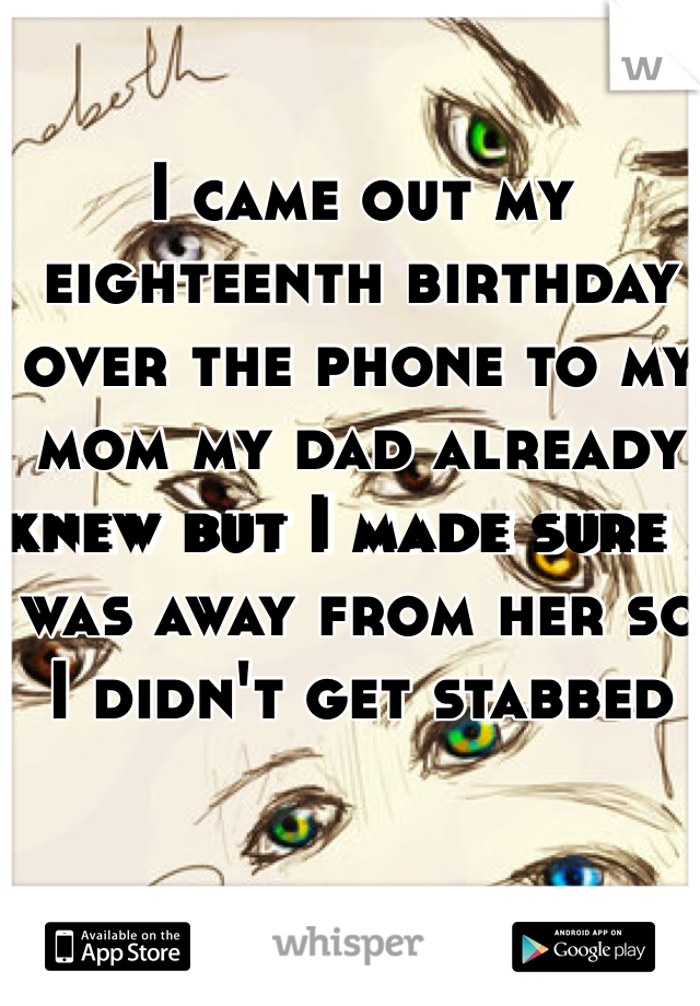 I came out my eighteenth birthday over the phone to my mom my dad already knew but I made sure I was away from her so I didn't get stabbed 
