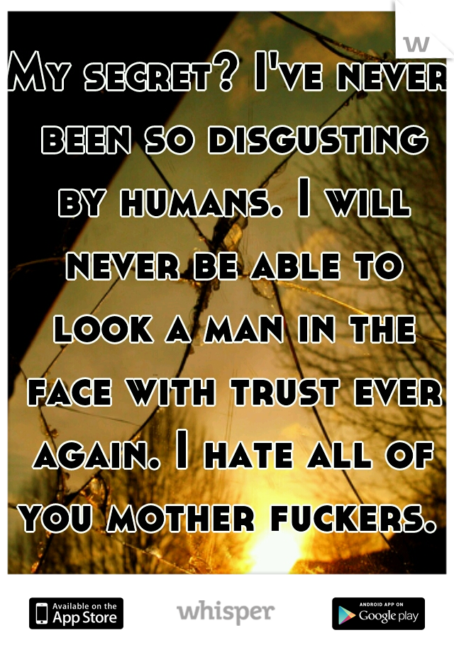 My secret? I've never been so disgusting by humans. I will never be able to look a man in the face with trust ever again. I hate all of you mother fuckers. 