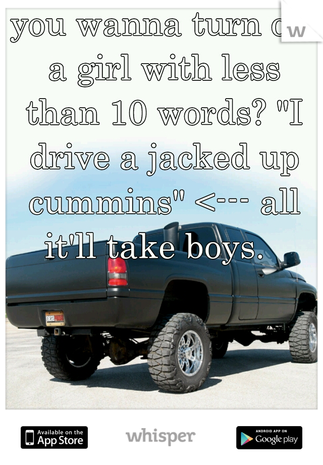 you wanna turn on a girl with less than 10 words? "I drive a jacked up cummins" <--- all it'll take boys.  