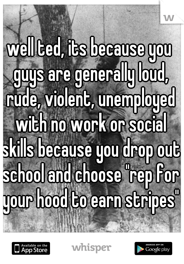 well ted, its because you guys are generally loud, rude, violent, unemployed with no work or social skills because you drop out school and choose "rep for your hood to earn stripes"