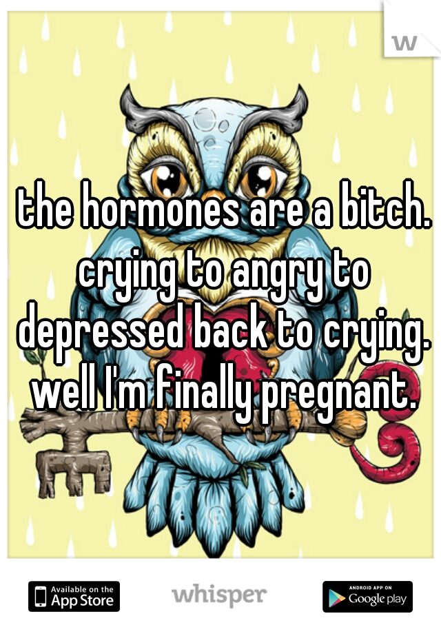  the hormones are a bitch. crying to angry to depressed back to crying. well I'm finally pregnant.