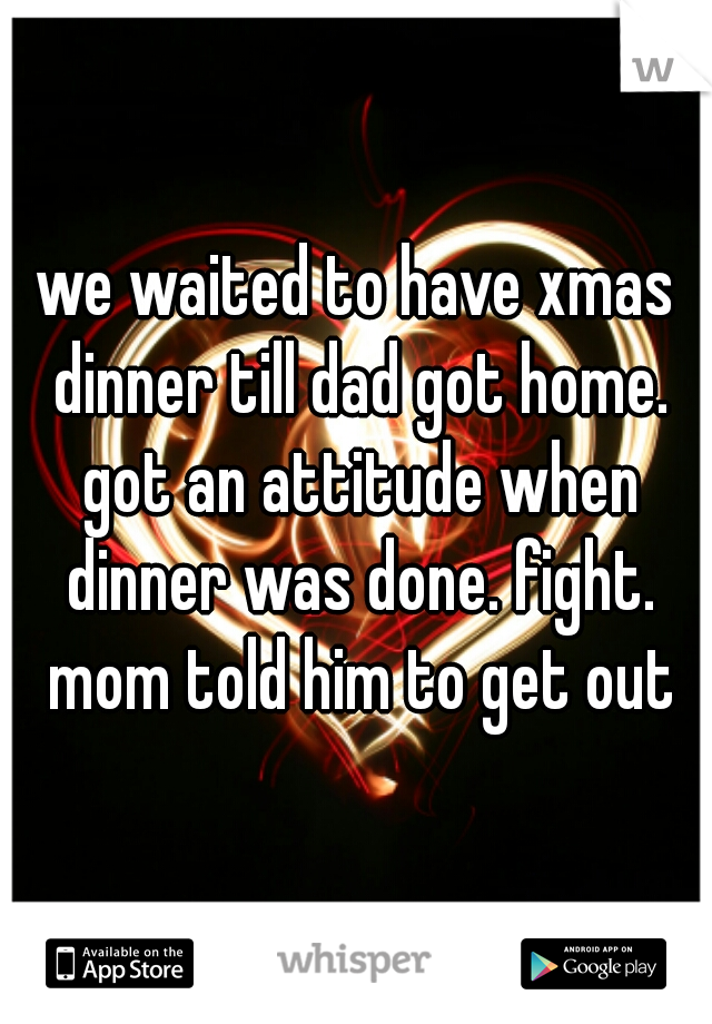 we waited to have xmas dinner till dad got home. got an attitude when dinner was done. fight. mom told him to get out