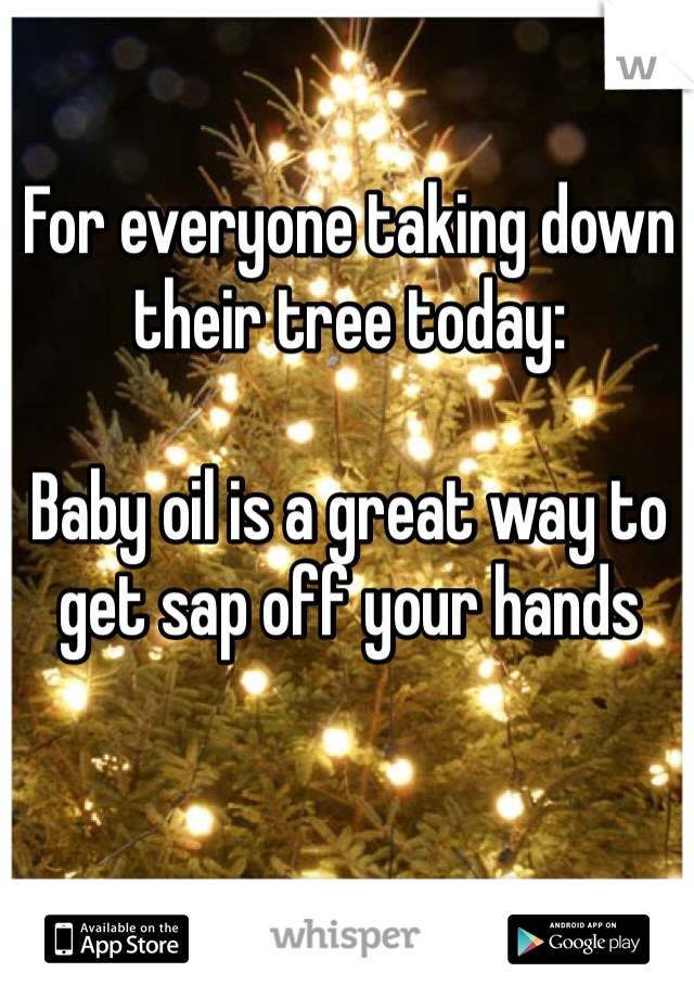 For everyone taking down their tree today:

Baby oil is a great way to get sap off your hands 