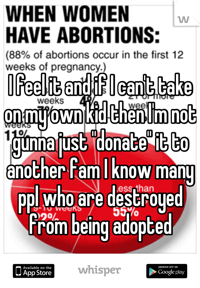 I feel it and if I can't take on my own kid then I'm not gunna just "donate" it to another fam I know many ppl who are destroyed from being adopted