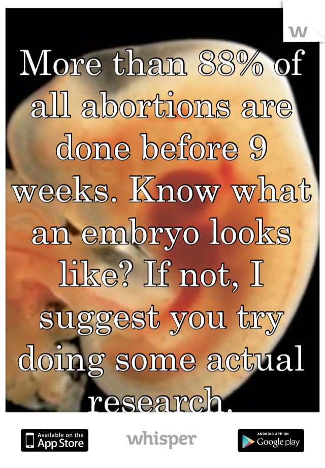 More than 88% of all abortions are done before 9 weeks. Know what an embryo looks like? If not, I suggest you try doing some actual research.