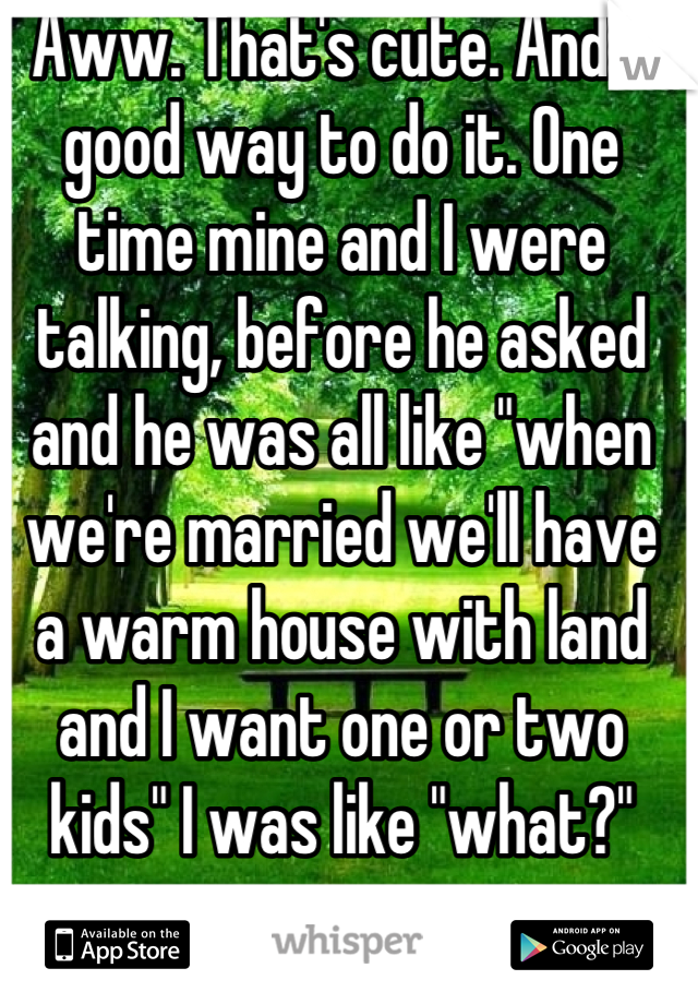 Aww. That's cute. And a good way to do it. One time mine and I were talking, before he asked and he was all like "when we're married we'll have a warm house with land and I want one or two kids" I was like "what?"