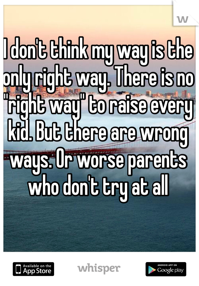 I don't think my way is the only right way. There is no "right way" to raise every kid. But there are wrong ways. Or worse parents who don't try at all