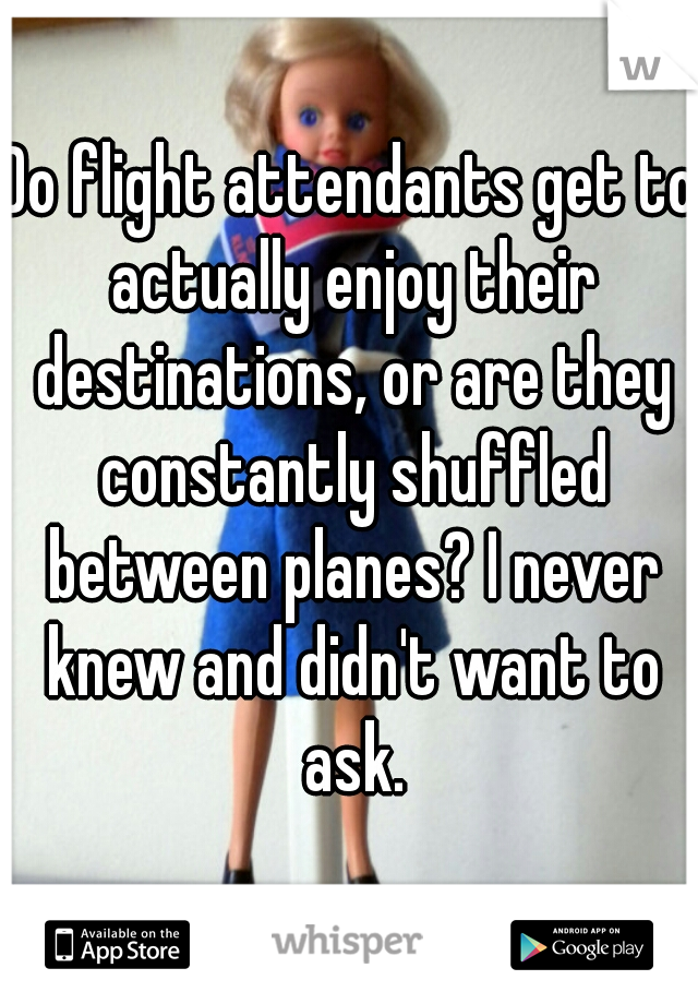 Do flight attendants get to actually enjoy their destinations, or are they constantly shuffled between planes? I never knew and didn't want to ask.