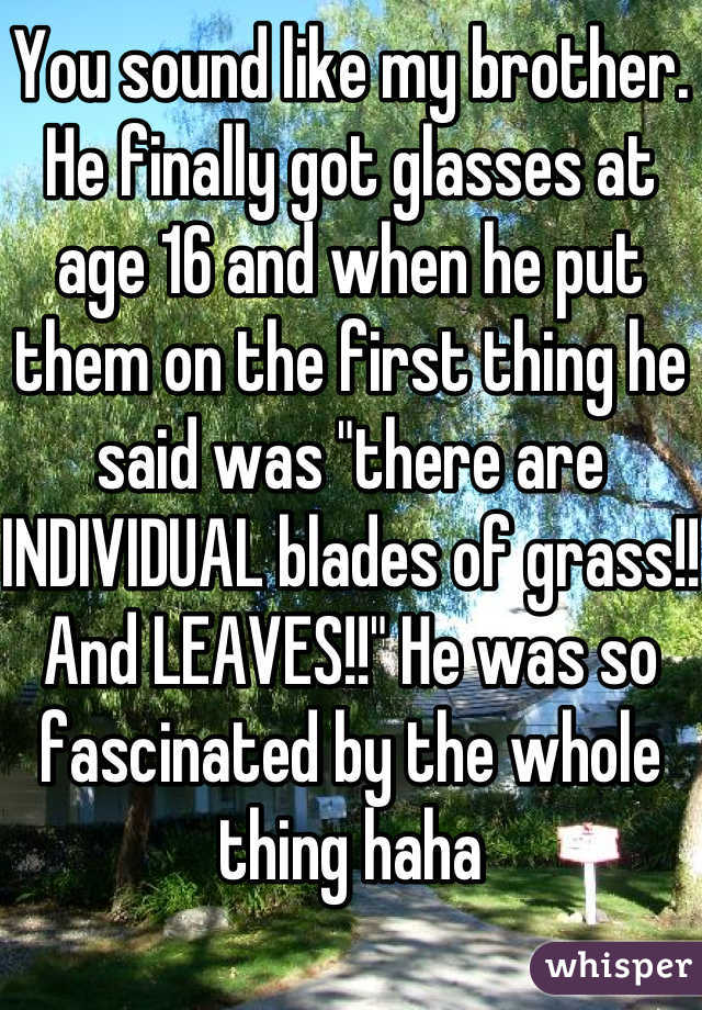 You sound like my brother. He finally got glasses at age 16 and when he put them on the first thing he said was "there are INDIVIDUAL blades of grass!! And LEAVES!!" He was so fascinated by the whole thing haha