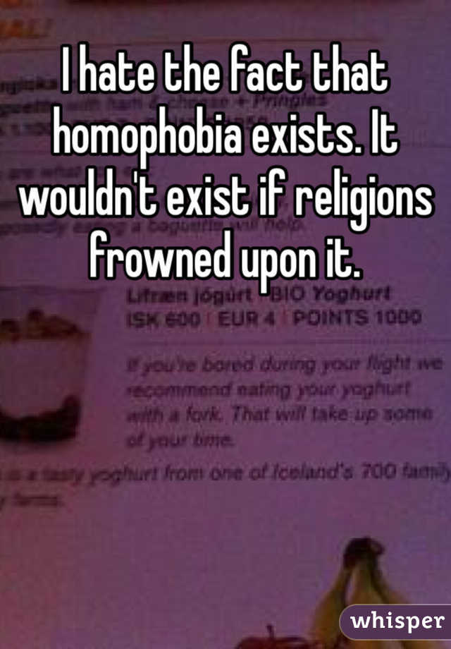 I hate the fact that homophobia exists. It wouldn't exist if religions frowned upon it. 