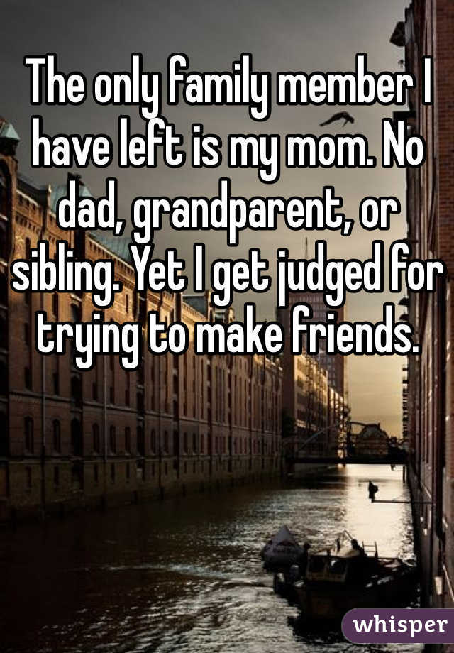 The only family member I have left is my mom. No dad, grandparent, or sibling. Yet I get judged for trying to make friends.