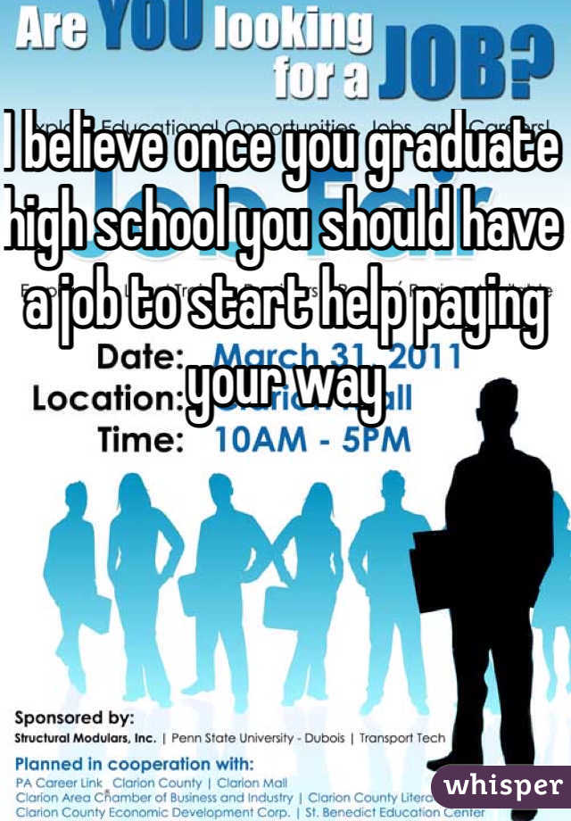 I believe once you graduate high school you should have a job to start help paying your way 