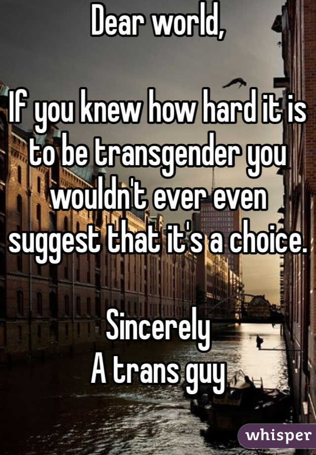 Dear world,

If you knew how hard it is to be transgender you wouldn't ever even suggest that it's a choice. 

Sincerely
A trans guy