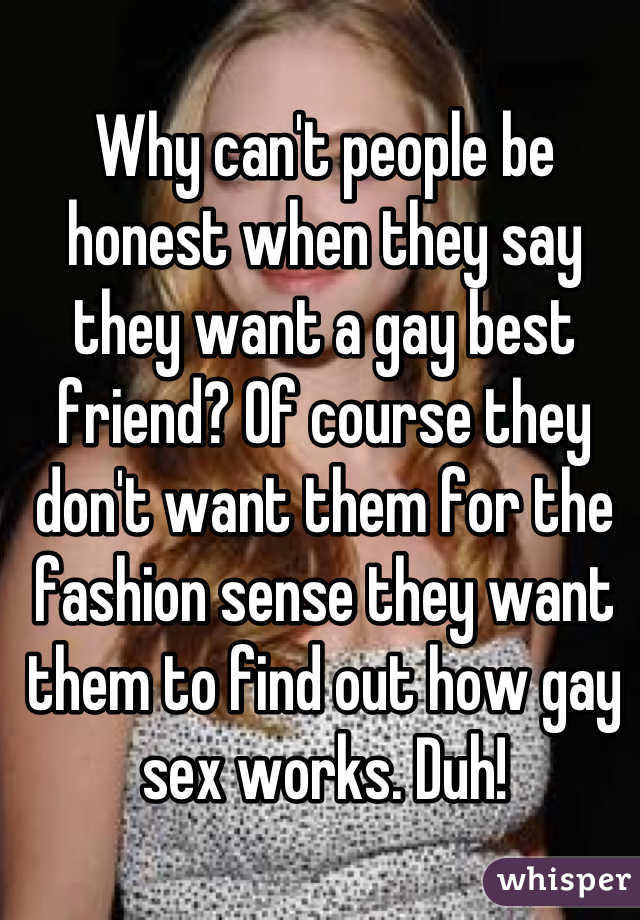 Why can't people be honest when they say they want a gay best friend? Of course they don't want them for the fashion sense they want them to find out how gay sex works. Duh!