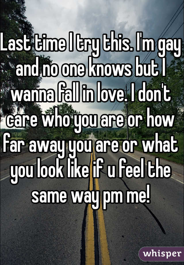 Last time I try this. I'm gay and no one knows but I wanna fall in love. I don't care who you are or how far away you are or what you look like if u feel the same way pm me! 