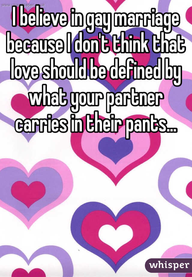 I believe in gay marriage because I don't think that love should be defined by what your partner carries in their pants...