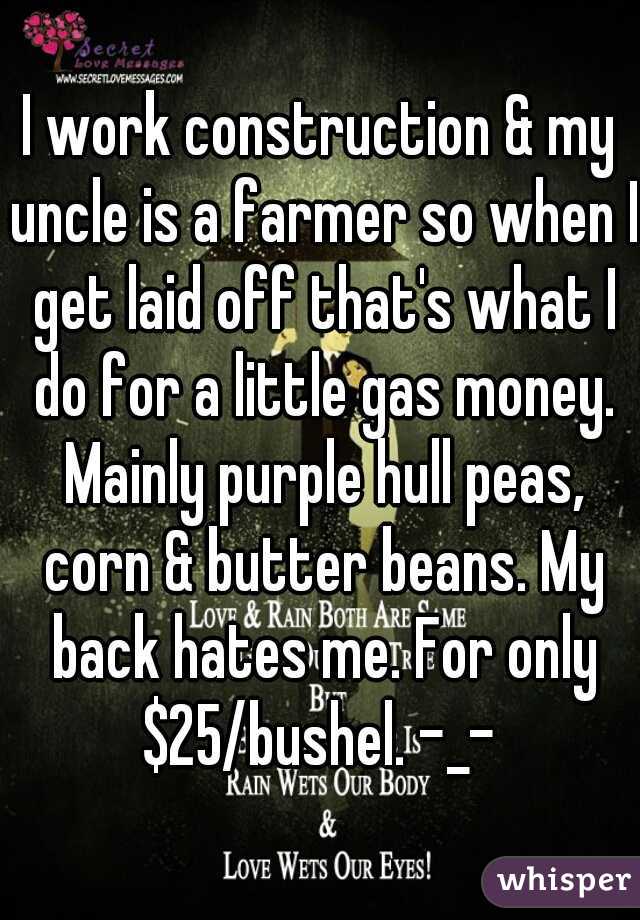 I work construction & my uncle is a farmer so when I get laid off that's what I do for a little gas money. Mainly purple hull peas, corn & butter beans. My back hates me. For only $25/bushel. -_- 