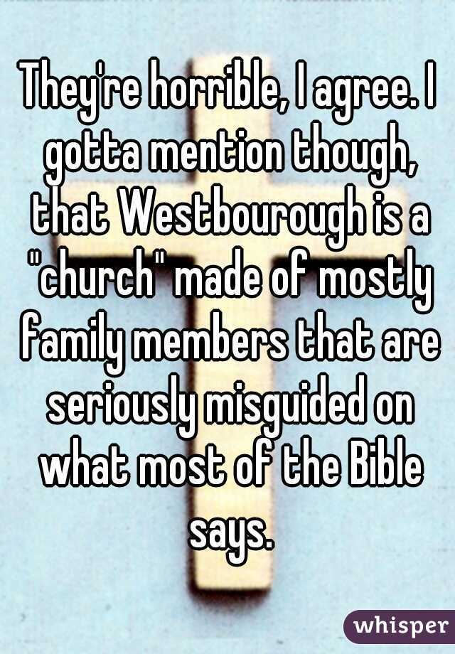 They're horrible, I agree. I gotta mention though, that Westbourough is a "church" made of mostly family members that are seriously misguided on what most of the Bible says.
