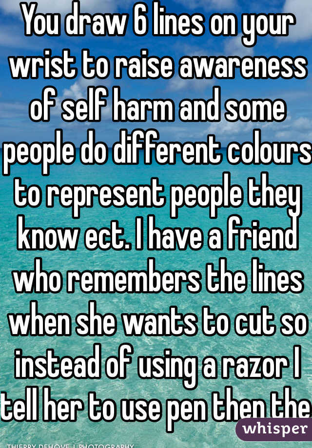 You draw 6 lines on your wrist to raise awareness of self harm and some people do different colours to represent people they know ect. I have a friend who remembers the lines when she wants to cut so instead of using a razor I tell her to use pen then the scars are there but they'll fade away 