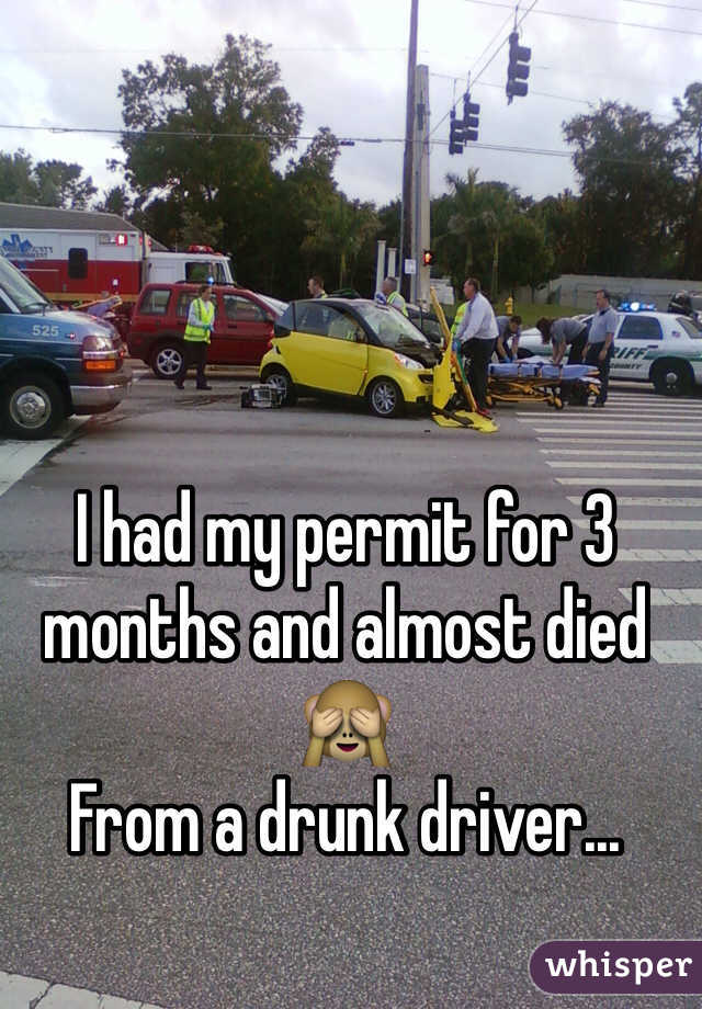 I had my permit for 3 months and almost died 🙈
From a drunk driver... 