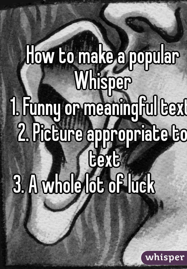 How to make a popular Whisper 
1. Funny or meaningful text 
2. Picture appropriate to text
 3. A whole lot of luck                  