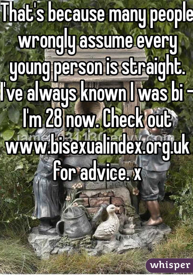 That's because many people wrongly assume every young person is straight. I've always known I was bi - I'm 28 now. Check out www.bisexualindex.org.uk for advice. x
