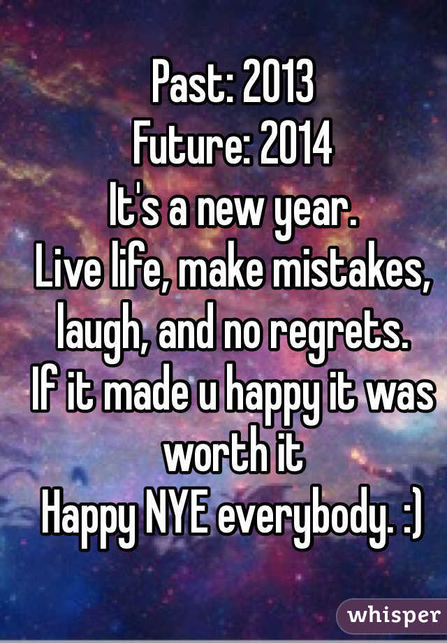 Past: 2013
Future: 2014
It's a new year. 
Live life, make mistakes, laugh, and no regrets.
If it made u happy it was worth it
Happy NYE everybody. :)
