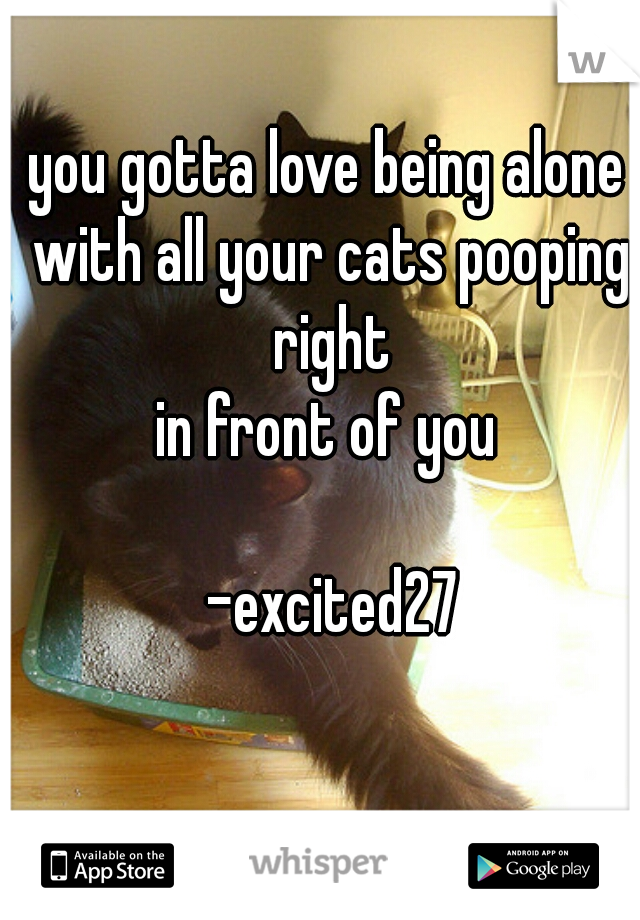 you gotta love being alone with all your cats pooping right
 in front of you 
 
                                          -excited27