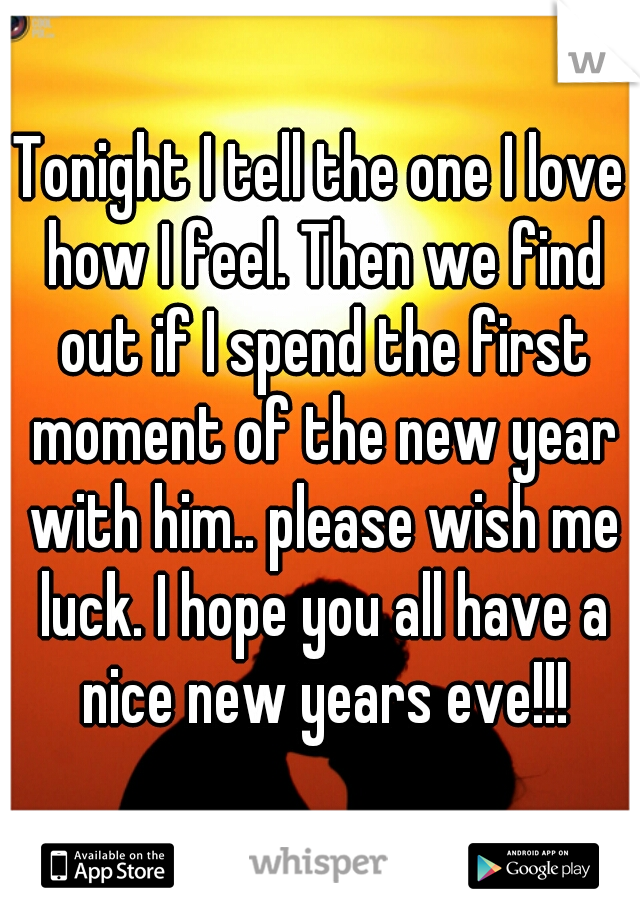 Tonight I tell the one I love how I feel. Then we find out if I spend the first moment of the new year with him.. please wish me luck. I hope you all have a nice new years eve!!!
