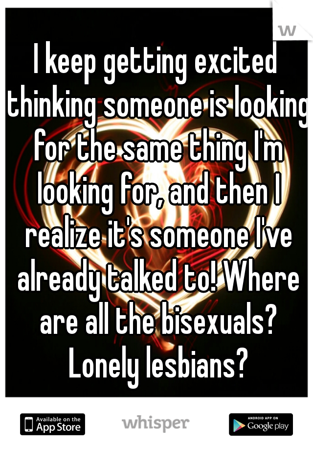 I keep getting excited thinking someone is looking for the same thing I'm looking for, and then I realize it's someone I've already talked to! Where are all the bisexuals? Lonely lesbians?