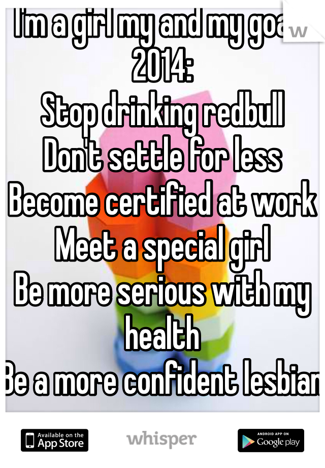 I'm a girl my and my goals 2014: 
Stop drinking redbull
Don't settle for less 
Become certified at work 
Meet a special girl 
Be more serious with my health 
Be a more confident lesbian 
