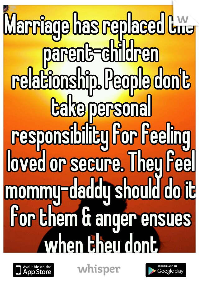 Marriage has replaced the parent-children relationship. People don't take personal responsibility for feeling loved or secure. They feel mommy-daddy should do it for them & anger ensues when they dont