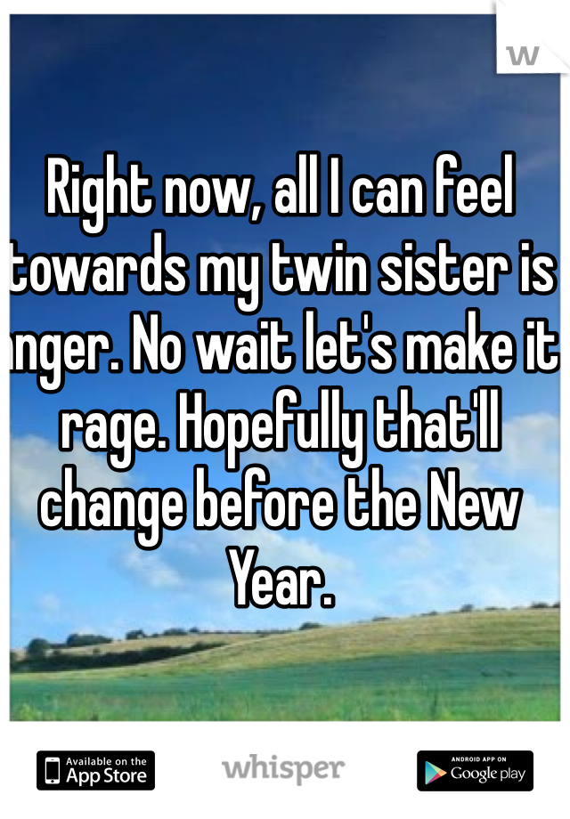 Right now, all I can feel towards my twin sister is anger. No wait let's make it rage. Hopefully that'll change before the New Year.