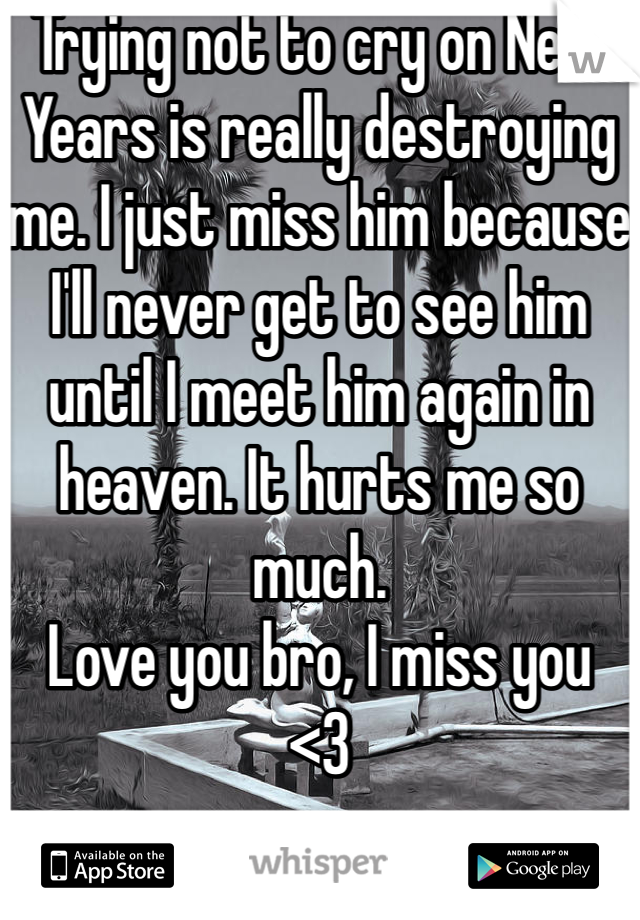 Trying not to cry on New Years is really destroying me. I just miss him because I'll never get to see him until I meet him again in heaven. It hurts me so much. 
Love you bro, I miss you 
<3
