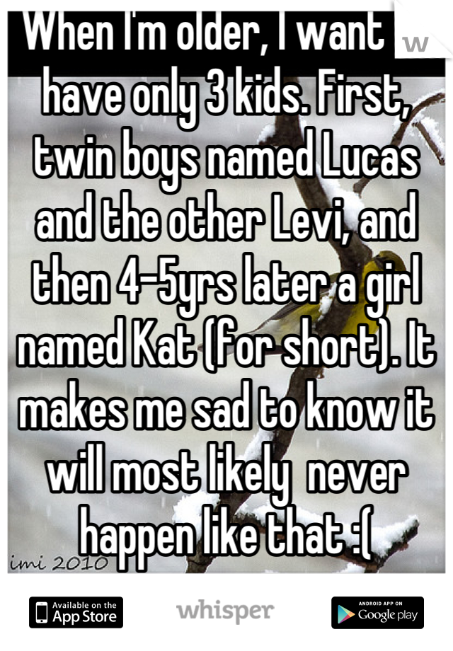 When I'm older, I want to have only 3 kids. First, twin boys named Lucas and the other Levi, and then 4-5yrs later a girl named Kat (for short). It makes me sad to know it will most likely  never happen like that :(