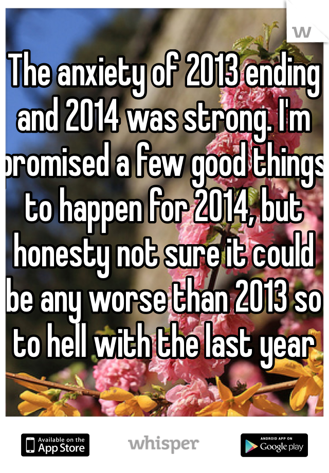 The anxiety of 2013 ending and 2014 was strong. I'm promised a few good things to happen for 2014, but honesty not sure it could be any worse than 2013 so to hell with the last year