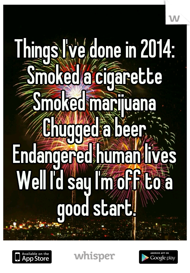 Things I've done in 2014:
Smoked a cigarette
Smoked marijuana
Chugged a beer
Endangered human lives

Well I'd say I'm off to a good start.