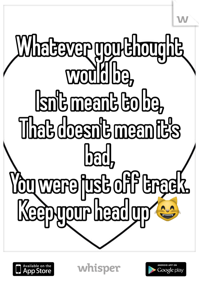 Whatever you thought would be,
Isn't meant to be,
That doesn't mean it's bad, 
You were just off track.
Keep your head up 😸