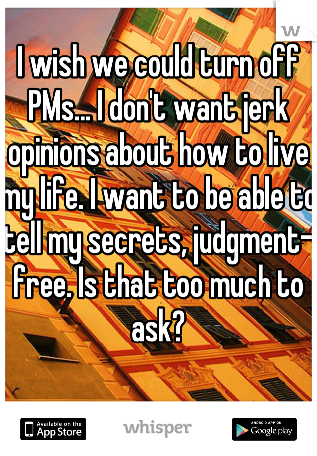 I wish we could turn off PMs... I don't want jerk opinions about how to live my life. I want to be able to tell my secrets, judgment-free. Is that too much to ask?