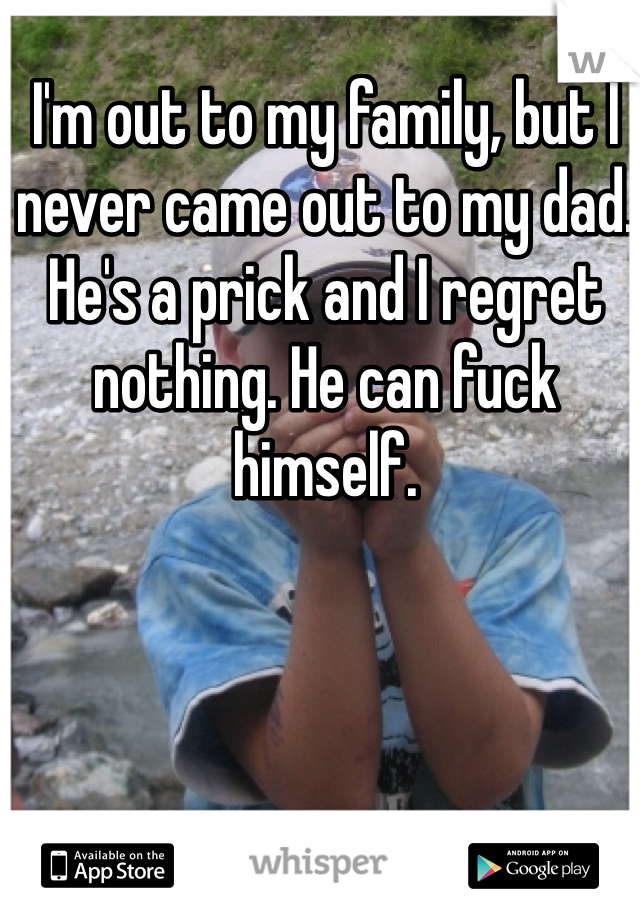 I'm out to my family, but I never came out to my dad. He's a prick and I regret nothing. He can fuck himself.